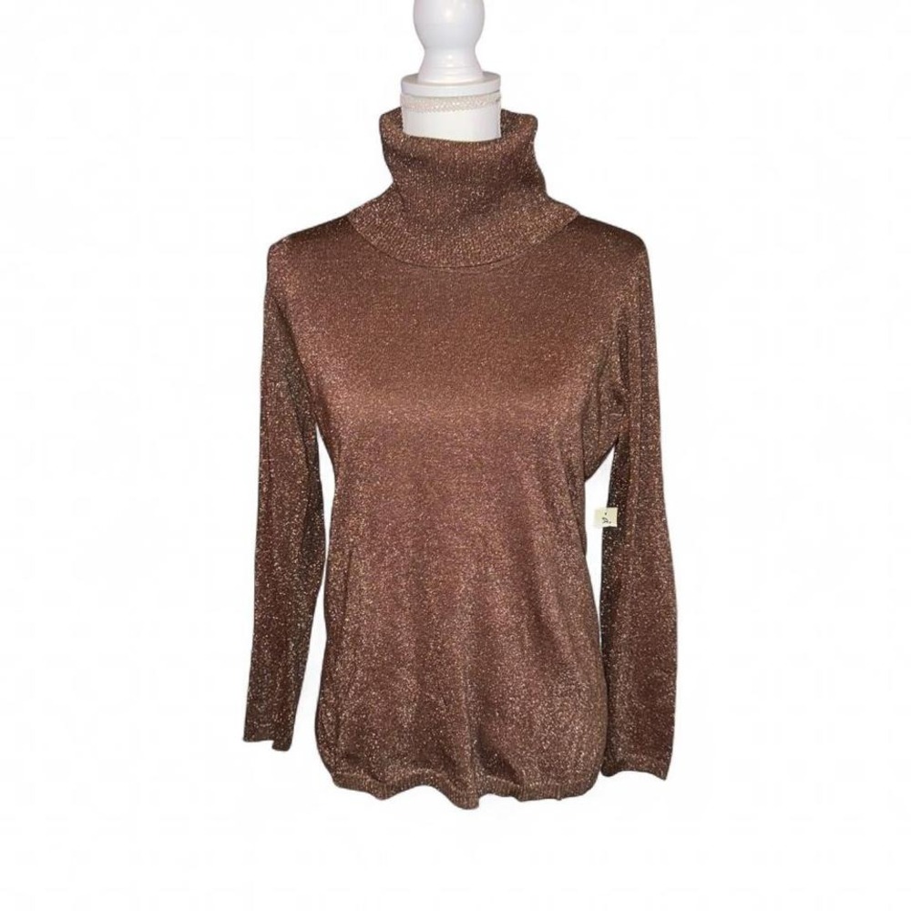 ELEGANT BROWN GOLD GLITTERY METALLIC TURTLENECK SHIRT LADIES SMALL‎ NWT